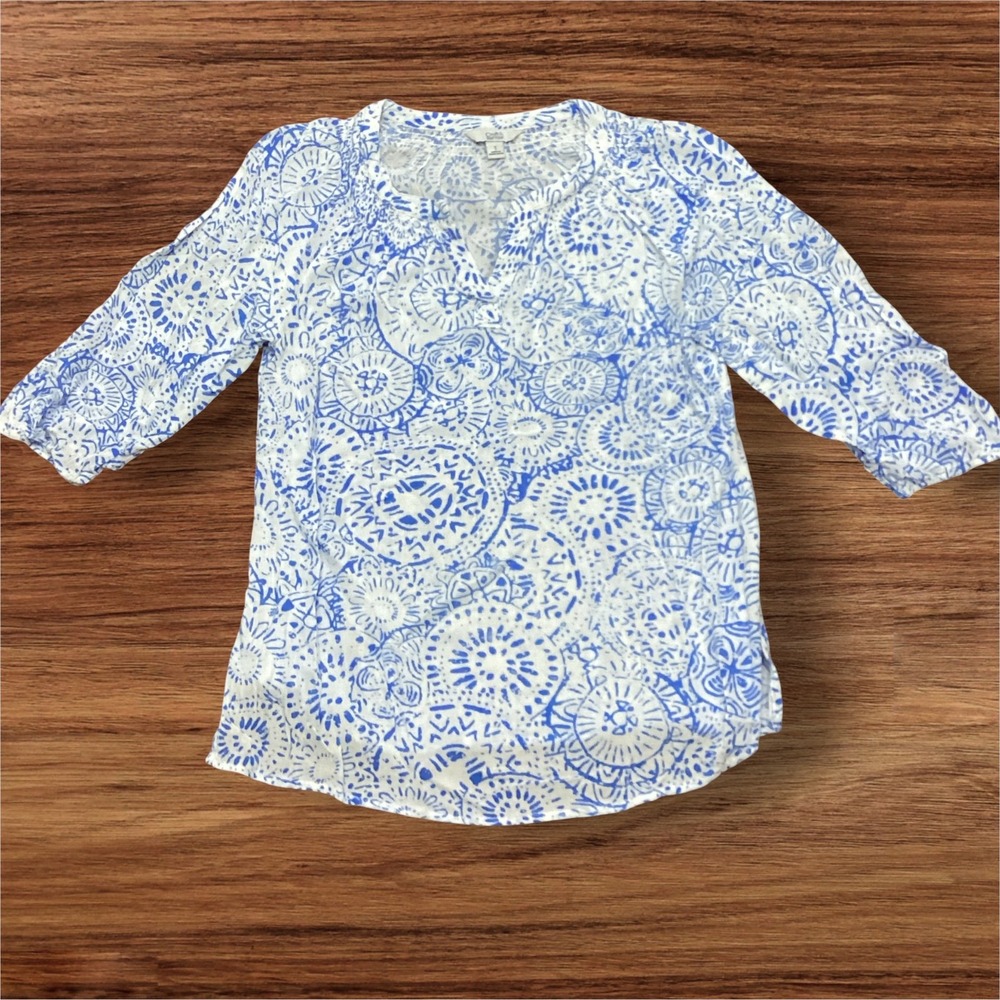 Croft & Barrow Womens Blue White Medallion Print 3/4 Sleeve Split Neck Blouse S